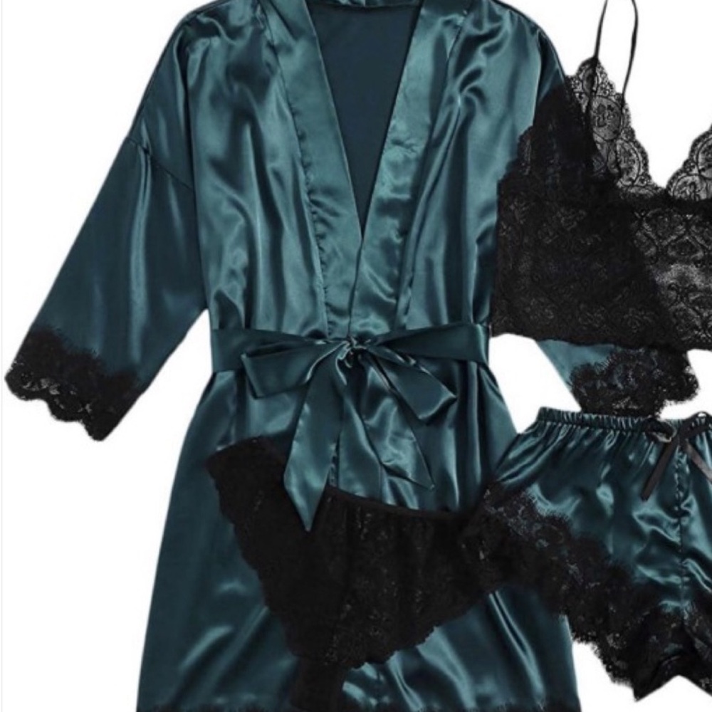 Elegant Teal and Black Lace Sleepwear Set